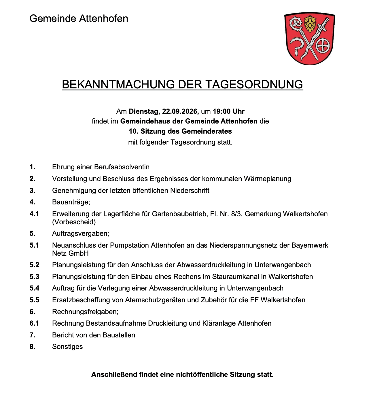 Bekanntmachung der Tagesordnung am 22.09.2026